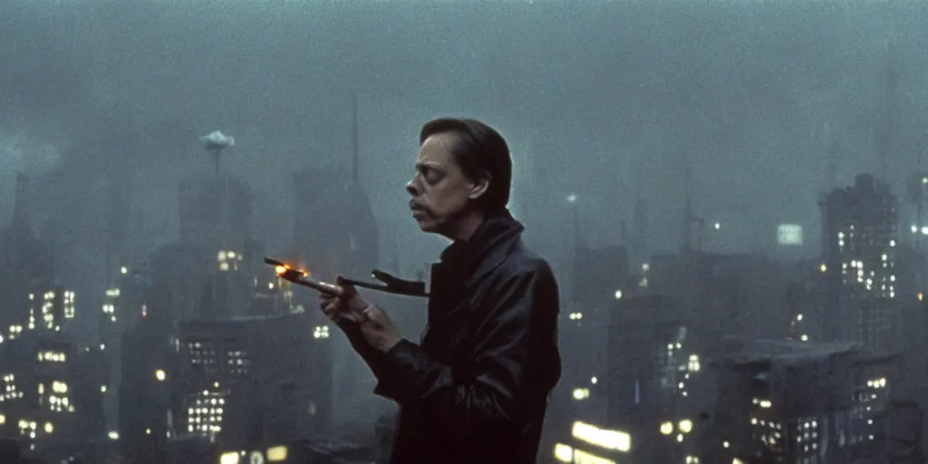 Image similar to beautiful cinematic film still of steve buscemi smoking a cigarette on a building top overlooking the rainy city in blade runner, 4 k