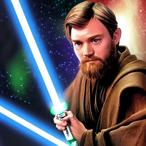 Prompt: Vinesauce Joel as Obi-Wan Kenobi holding a lightsaber in the film Star Wars