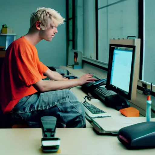 Prompt: kodak portra 4 0 0 photograph of a skinny blonde guy sitting at a 9 0 s computer screen, messy desk, back view, moody lighting, telephoto, 9 0 s vibe, blurry background, vaporwave colors!, faded!,