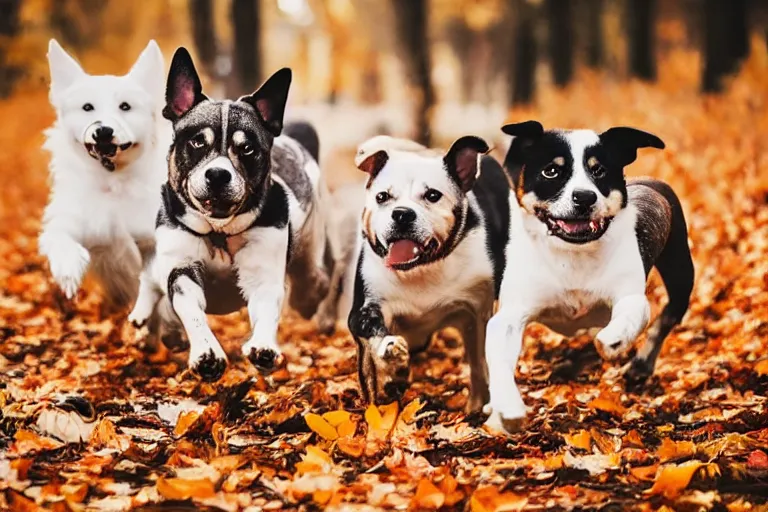 Image similar to dogs running through autumn leaves towards the camera, long shot, shot from below