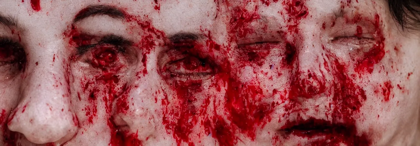 Prompt: close up of a dead woman's face covered in blood