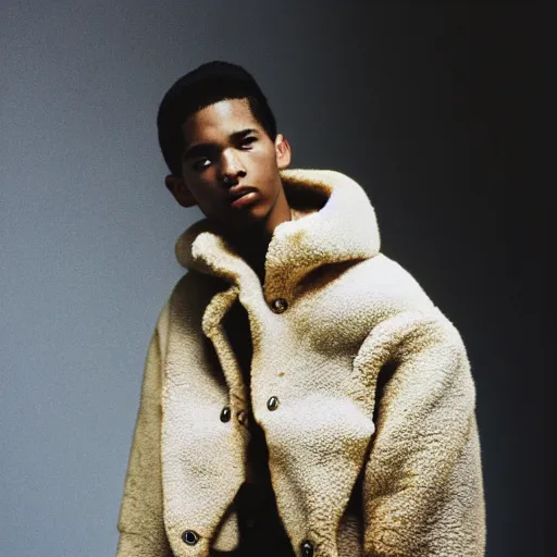 Image similar to realistic photoshooting for a new balenciaga lookbook, color film photography, portrait of a beautiful woman, model wearing a sherpa jacket, by photo in style of Tyler Mitchell, 35mm,