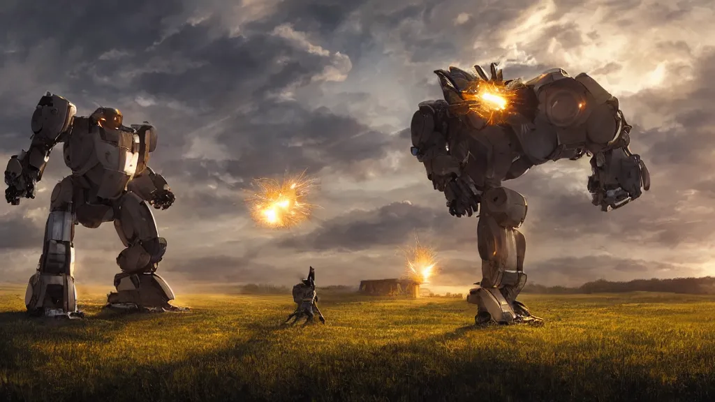 Image similar to Amazing photorealistic digital concept art of a large bipedal guardian robot in a rural setting by a barn, by James Clyne and Joseph Cross. Cinematic. LED lighting. A bright billowing explosion in the distance. Wide angle. Clean lines. Balanced composition.