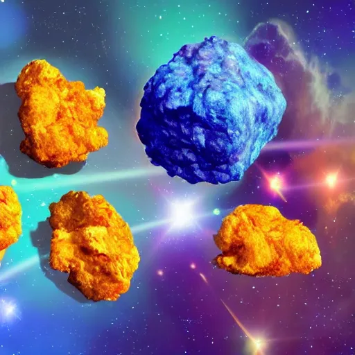 Prompt: Asteroids in space made of chicken nuggets. Space. Nebula. planets. starfield. photorealistic, 8k, cinematic, lens flare