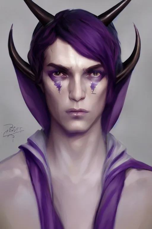 Prompt: djinn human hybrid, portrait, concept art, full body purple and white cloak, single face, illustration, costume design, white horns, editorial photo, fashion, hyperrealism, realism, trending on artstation, Charlie Bowater, WLOP