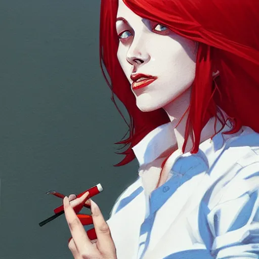 Image similar to a beautiful artwork portrait of a woman with white shirt and red hair smoking a cigarette by Jerome Opeña, featured on artstation