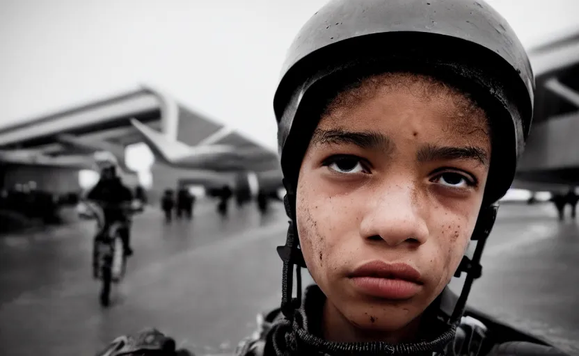 Prompt: cinestill 5 0 d candid photographic portrait by helen levitt of a mixed teen wearing rugged black mesh techwear riding on a dirtbike through an airport under siege, extreme closeup, modern cyberpunk moody emotional cinematic, snow storm, 8 k, hd, high resolution, 3 5 mm, f / 3 2, ultra realistic faces, ex machina