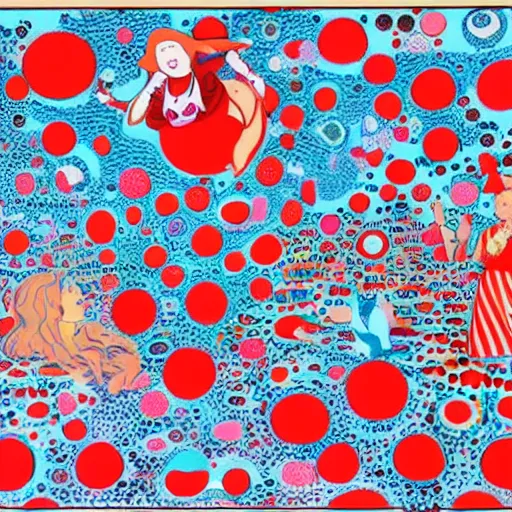 Image similar to Alice in Wonderland in the style of yayoi Kusama and Möbius