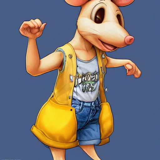 Image similar to anthropomorphic mouse wearing denim short shorts and yellow tank top, highly detailed, artgerm style, artstation, soft light, sharp focus, illustration, character design, concept art