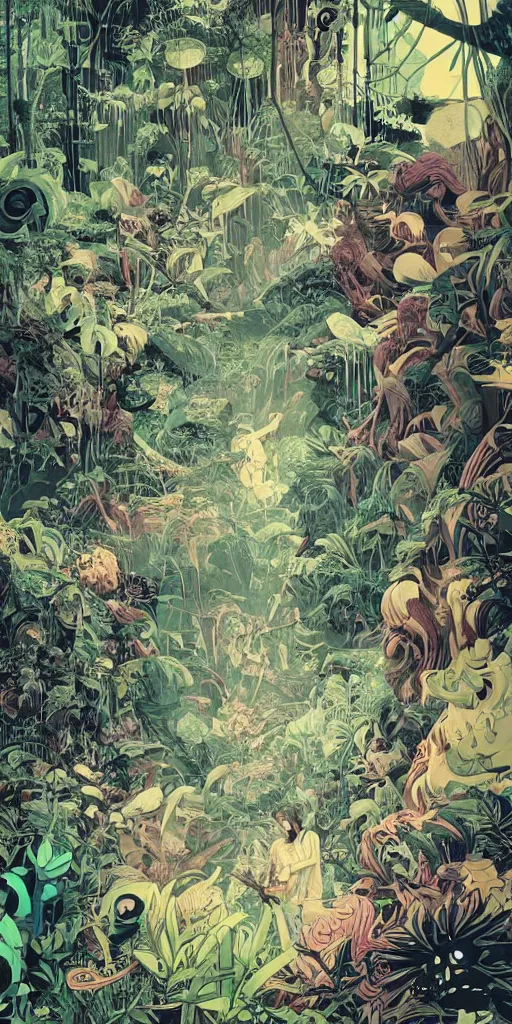 Image similar to a group of explorers in the overgrown jungle in a large alien cave, surreal photography zzz, dramatic light, by victo ngai by james jean, by rossdraws, frank franzzeta, mcbess