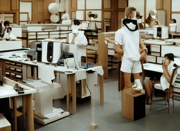 Image similar to realistic photo of the people wearing wooden masks, white fluffy cotton shorts, polished and fancy, standing in the wooden room full of wooden computers. displays are shiny, michelangelo antonioni film move still 1 9 9 0, life magazine reportage photo