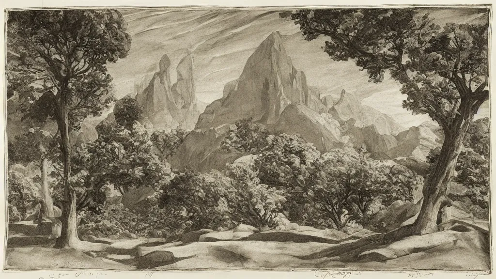 Image similar to a medieval chiaroscuro lithograph of a colossal granite sculpture garden by kurt seligmann and edward steichen, on a lawn, distant mountains, the merely beautiful bore me to death