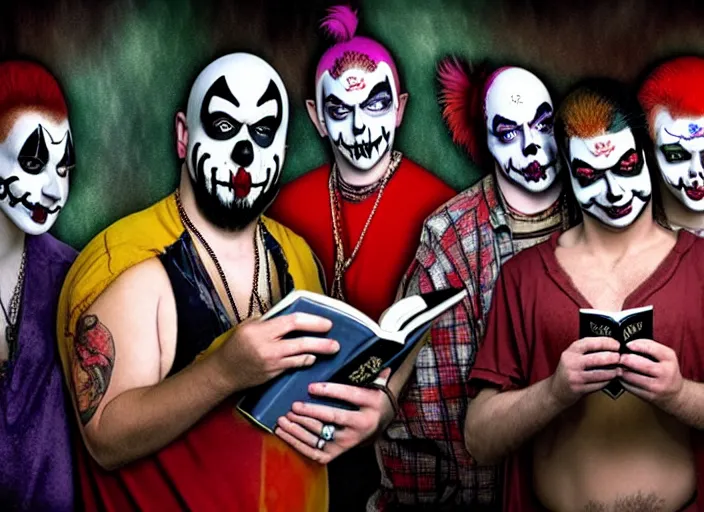 Prompt: Juggalos reading the bible, photo realistic, 8k, detailed,