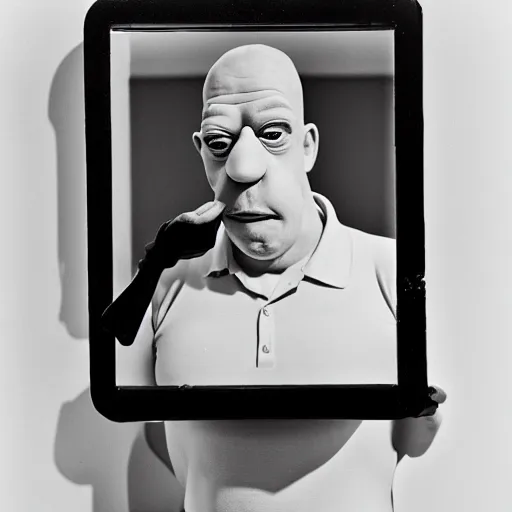 Prompt: portrait of a Homer Simpson impersonator by Diane Arbus, 88mm, black and white