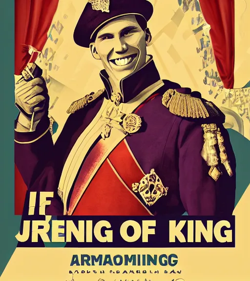 Image similar to propaganda poster smiling jerma as king of england, 8 k, trending on artstation