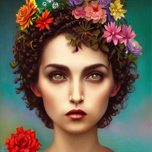 Image similar to Lofi magicpunk portrait beautiful woman with short brown curly hair, roman face, phoenix, rainbow, floral, Tristan Eaton, Stanley Artgerm, Tom Bagshaw