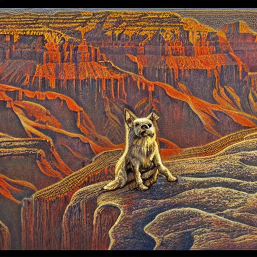 Prompt: doglike creature standing in the grand canyon, extreme detail, abstract realism, highly ornate intricate details, 1 9 2 0's colored pencil, 4 k, cinematic lighting,