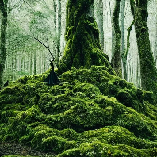 Image similar to A forest full of trees and moss, the scene contains a singular hut with a strange figure standing nearby, Photography, dark, intricate cube, Bleda, Elsa