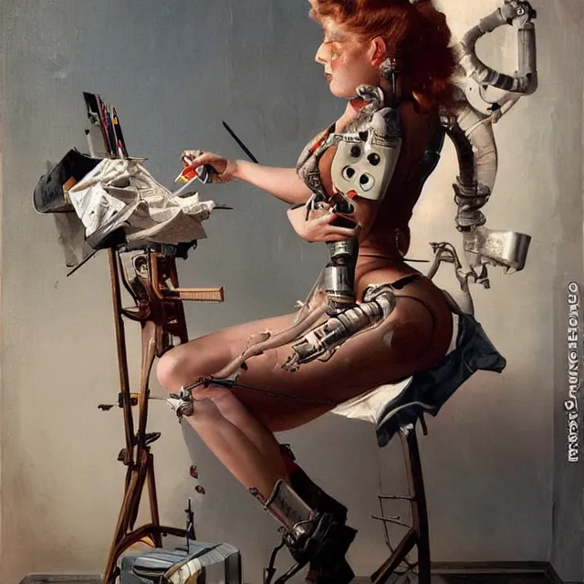 Prompt: cyborg artist painting a self - portrait on a canvas. intricate, highly detailed, digital matte painting in the style of gil elvgren and in the style of h. r. giger. irony, recursion, inspiration.