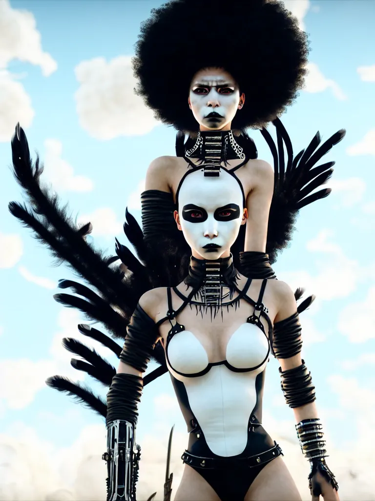 Prompt: one fierce looking beautiful young woman with afro hair and symmetrical white makeup, mad max, black leather straps, wearing intricate bodysuit and headdress made from white bones and black feathers, painted by makoto shinkai, studio ghibli, intricate linework, unreal engine 5 highly rendered, global illumination, radiant light, detailed and intricate environment