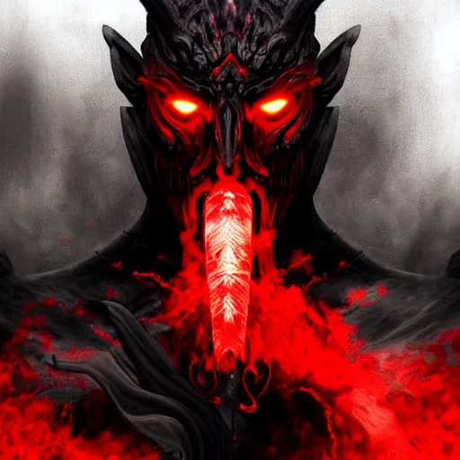 Prompt: epic chthonic ancient warrior black veins red demonic eyes, red smoke on the background by Boris Valejio, high detailed digital art