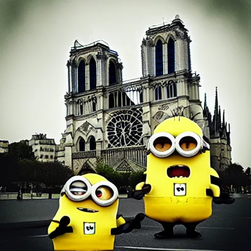 Image similar to “minions laughing as the Notre dame burns behind them”