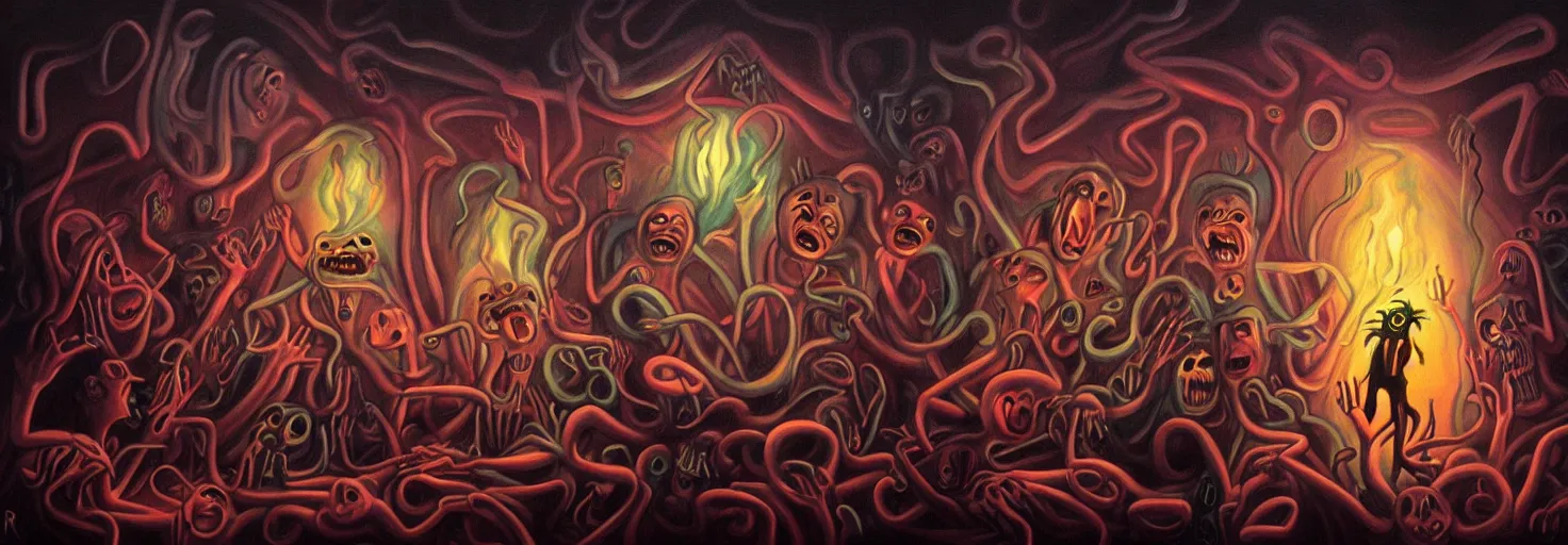 Image similar to visceral freaky obsessive monsters from the darkest depths of collective unconscious, dramatic glowing lighting, 1 9 3 0 s fleischer cartoon characters, wild emotional expressions - surreal painting by ronny khalil