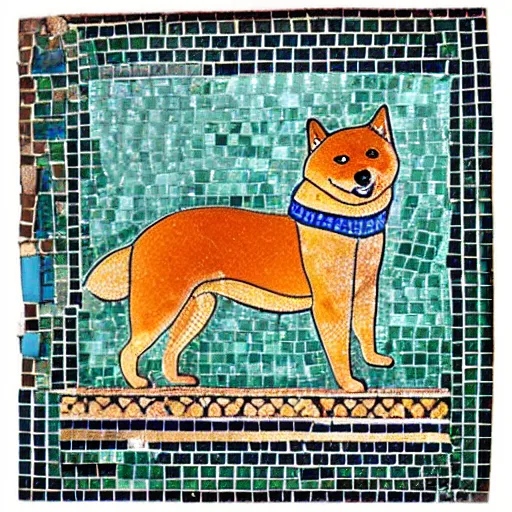 Image similar to an ancient roman tile mosaic depicting a shiba inu in a noble toga