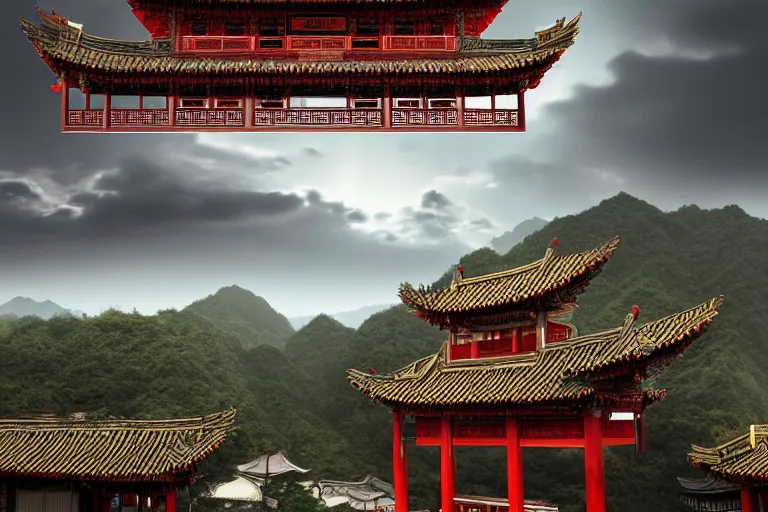 Prompt: Old Chinese architecture in a Chinese valley, dramatic sky, digital art, 4k, 8k, trending on ArtStation