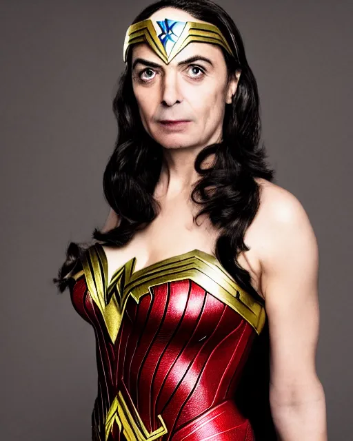 Prompt: A studio photo of Rowan Atkinson as Wonder Woman, bokeh, 90mm, f/1.4 Shot in the Style of Mario Testino