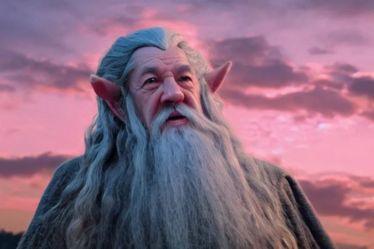 Image similar to portrait of Gandalf wearing a Hello kitty t-shirt, smiling warmly, sunrise, movie still from Lord of the Rings, cinematic