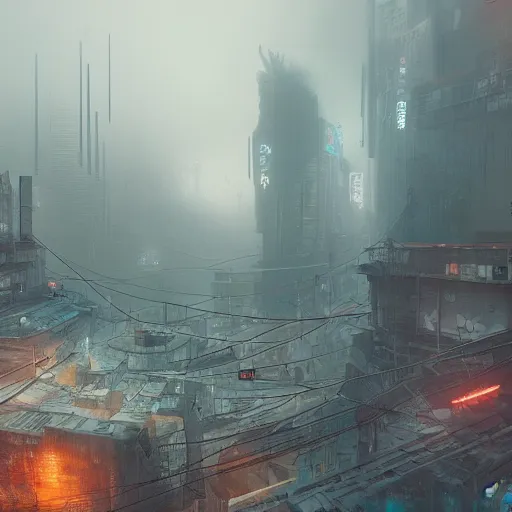Prompt: an abandoned dystopian cyberpunk city with a bad weather and foggy sky, award winning, trending on artstation, unreal engine
