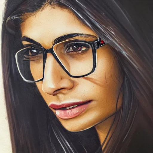 Image similar to a well designed portrait of Mia Khalifa, detailed, realistic, sketch style, Artstation,Greg Rutkowski, 8K resolution.