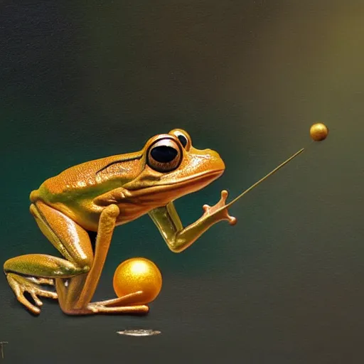 Prompt: long shot of a cute frog playing with golden metal balls, by esao andrews, by m. w. kaluta, by pixar, volumetric light, rich colors, very humorous oil painting, realistic reflections, smooth, concept art, depth perception, high depth of field, 4 k, unreal engine 5, ultradetailed, hyperrealistic, artstation