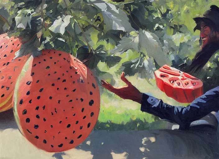 Image similar to a highly detailed beautiful portrait of a big cute spider purchasing a large watermelon, by gregory manchess, james gurney, james jean