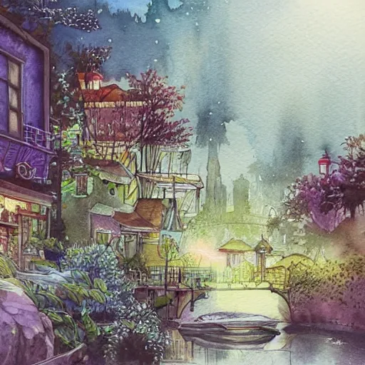 Image similar to Beautiful happy picturesque charming sci-fi town in harmony with nature. Beautiful light. Water and plants. Nice colour scheme, soft warm colour. Beautiful detailed watercolor by Lurid. (2022)