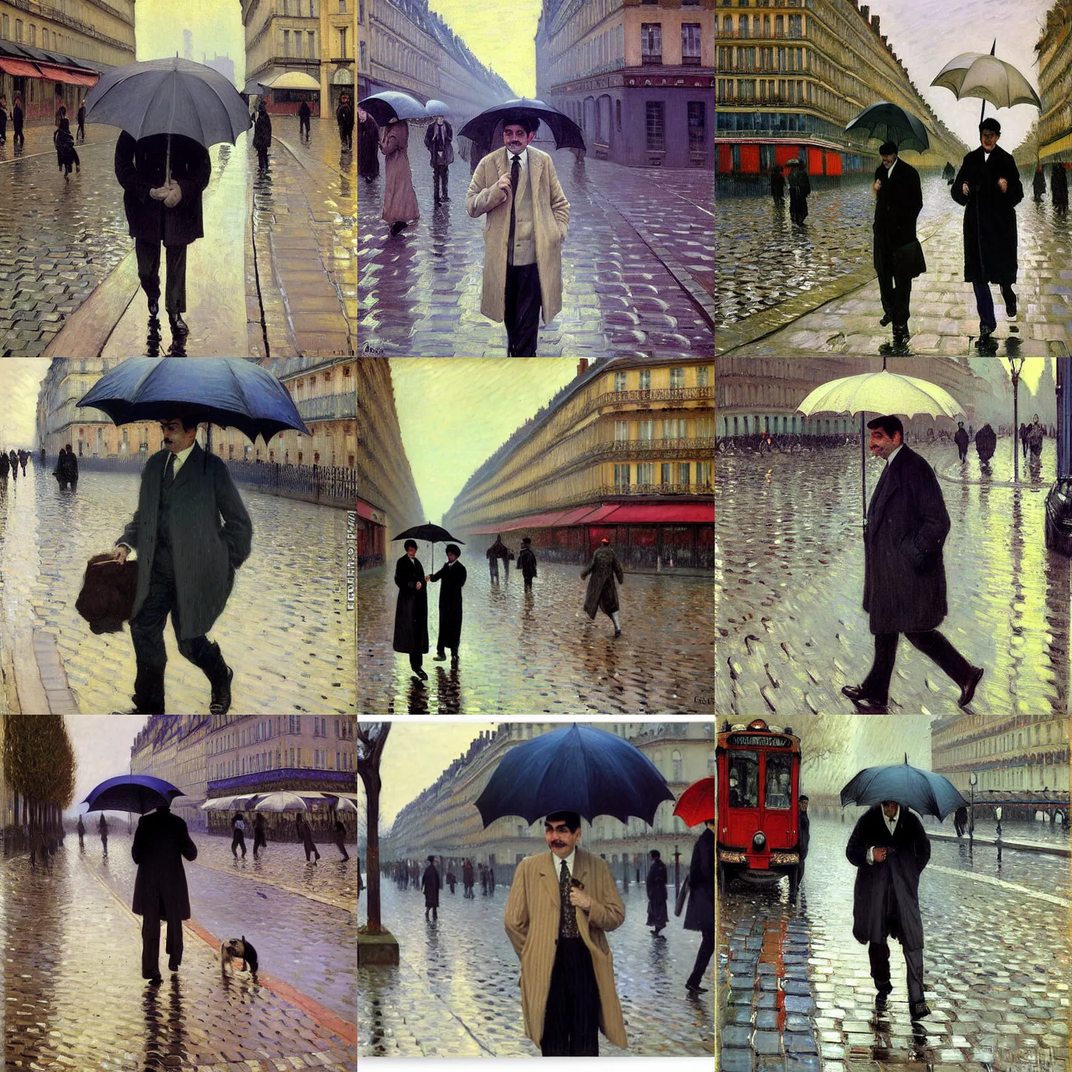 Prompt: mr. bean walks down a parisian street on a rainy day by gustave caillebotte