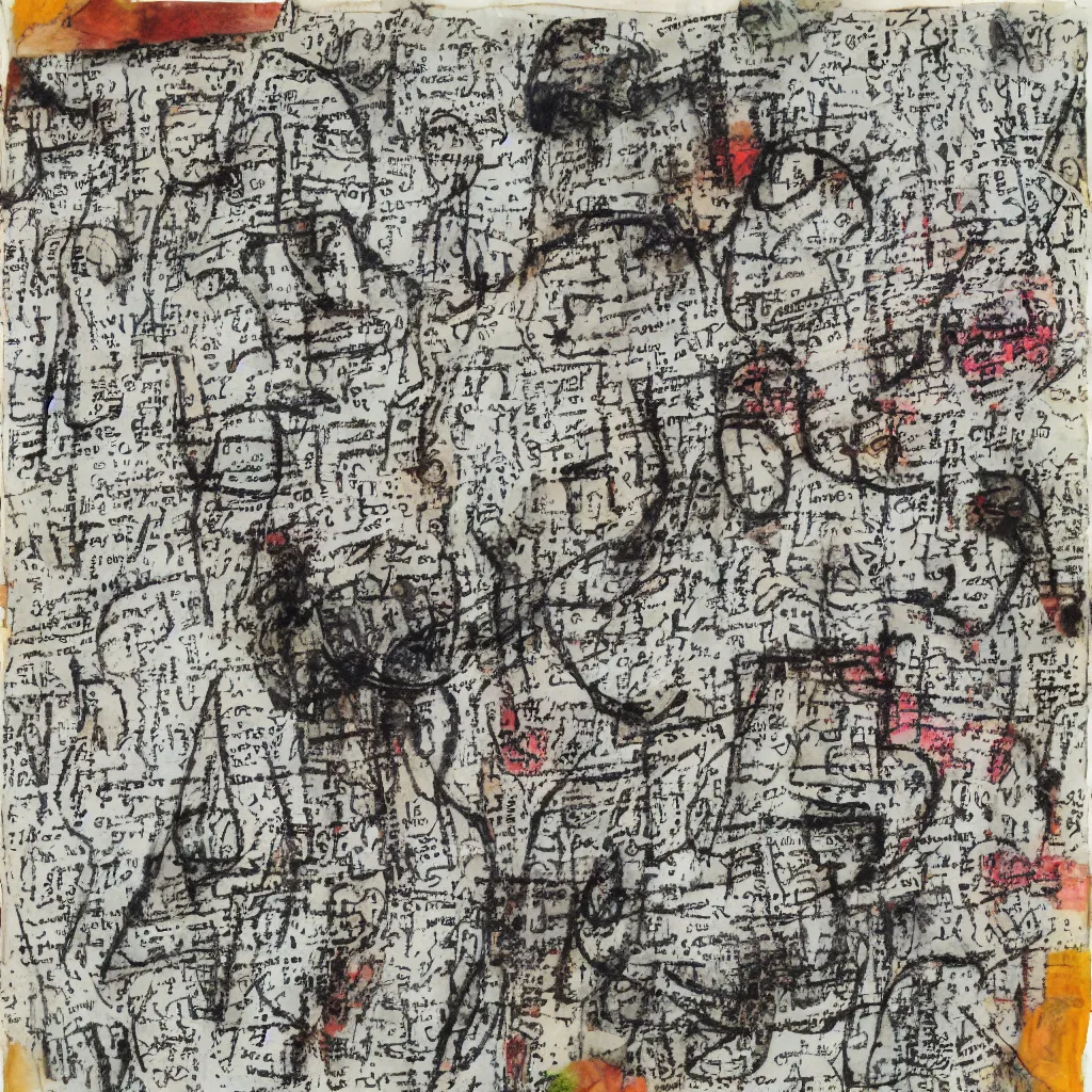 Prompt: heavyweight cotton rag paper with mixed media artwork, pencil marks, calligraphic poetry, tiny charcoal smudges, fragmented typography, asemic writing, crayon lines, illegible rosicrucian symbols, ink flourishes,