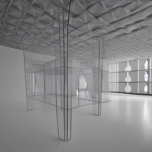 Prompt: a conceptual polygonal mesh object on a pedestal in a vast white room, courtesy of Centre Pompidou, archival pigment print