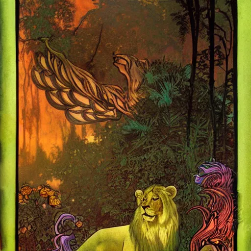 Prompt: portrait of a mythological beast with lion face and bird wings in the middle of a lush forest at night. diffuse neon light, dramatic landscape, fantasy illustration, matte painting by mucha - h 7 0 4