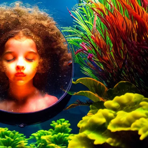 Image similar to girl head in a aquarium, lights caustic, tropical fish, surreal photography