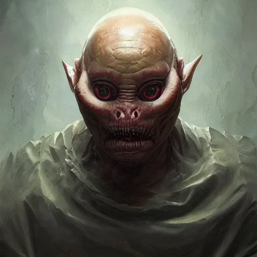 Image similar to Face of a pale alien cultist, intimidating man, large fish eyes, high forehead, smooth waxy skin, slick clammy skin, ominous, eldritch. oil painting by nuri iyem, james gurney, james jean, greg rutkowski, highly detailed, soft lighting, chiaroscuro