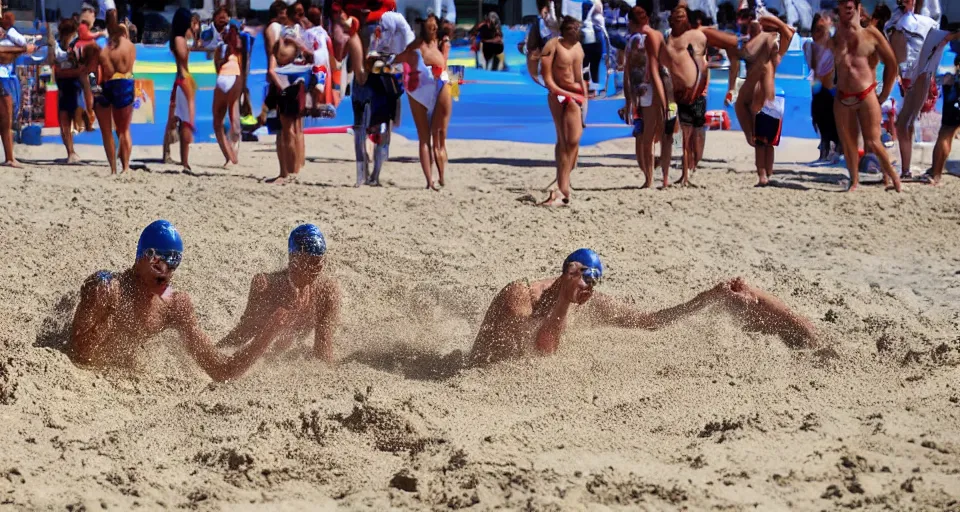 Image similar to olympic swimming in sand instead of water, extremely coherent