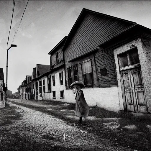 Image similar to A empty town full of ghostly children floating above the houses, photography, surrealism, dark, Crewdson, Gregory