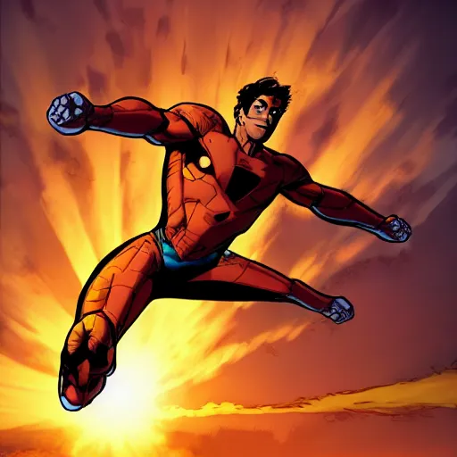Image similar to Invincible (Image Comics) flying in an heroic pose, highly detailed, artstation, 8K HDR, sunset.