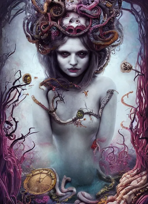 Image similar to alice in wonderland, medusa, highly detailed, cinematic, 8 k, by megan duncanson, benjamin lacombe, adrian borda, stanley artgermm, tom bagshaw, craig mullins, carne griffiths, ayami kojima, beksinski, giger, trending on deviantart, hyper detailed, horror, full of colour