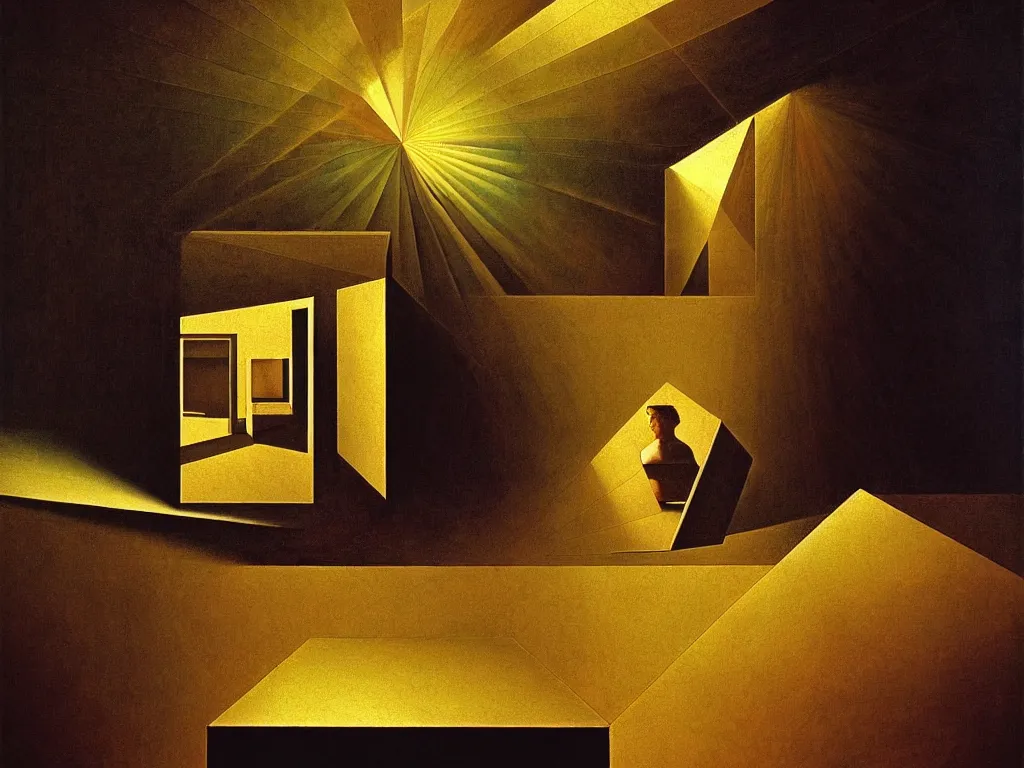 Image similar to hyperrealistic still life portrait of a mind exploding inside of a serene temple, beautiful plans, sacred geometry, light refracting through prisms in a tesseract, by caravaggio, botanical print, surrealism, vivid colors, serene, golden ratio, rule of thirds, negative space, minimalist composition