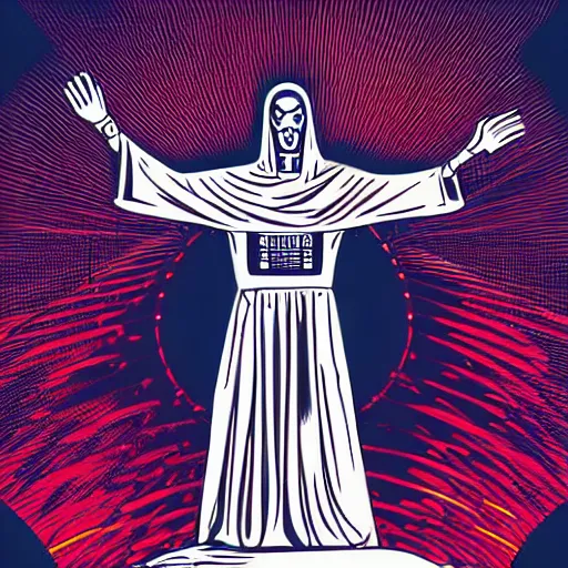 Prompt: detailed comic style illustration of robotic cyborg christ the redeemer statue, in front of a nuclear explosion, cyberpunk, retro-futurist, dark