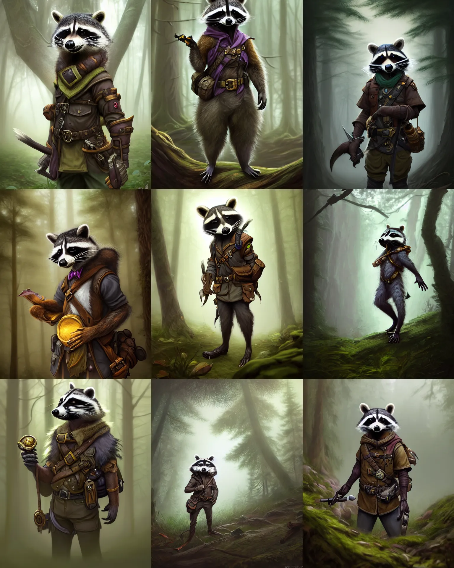 Prompt: photography of a male anthropomorphic raccoon fursona dressed as a ranger in a misty forest, deep focus, d & d, fantasy, intricate, elegant, highly detailed, digital painting, artstation, concept art, matte, sharp focus, illustration, hearthstone, art by artgerm and greg rutkowski and alphonse mucha