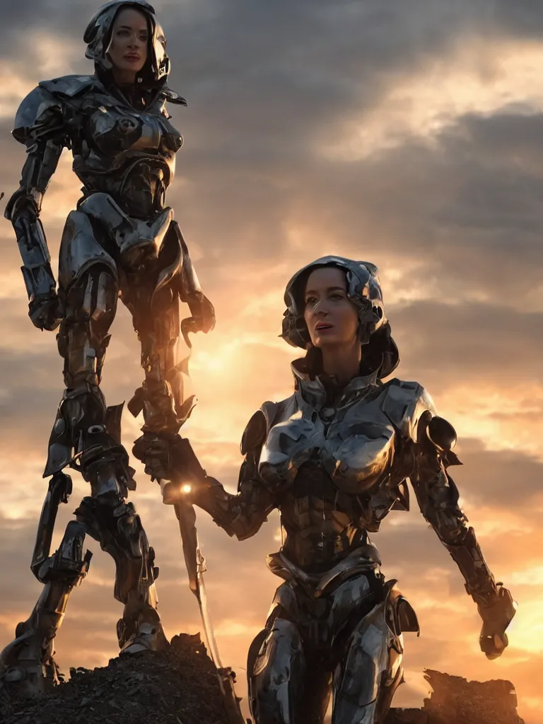 Prompt: emily blunt in futuristic power armor, by herself, holding a sword on her shoulder, standing atop a pile of rubble, sunset and big clouds behind her